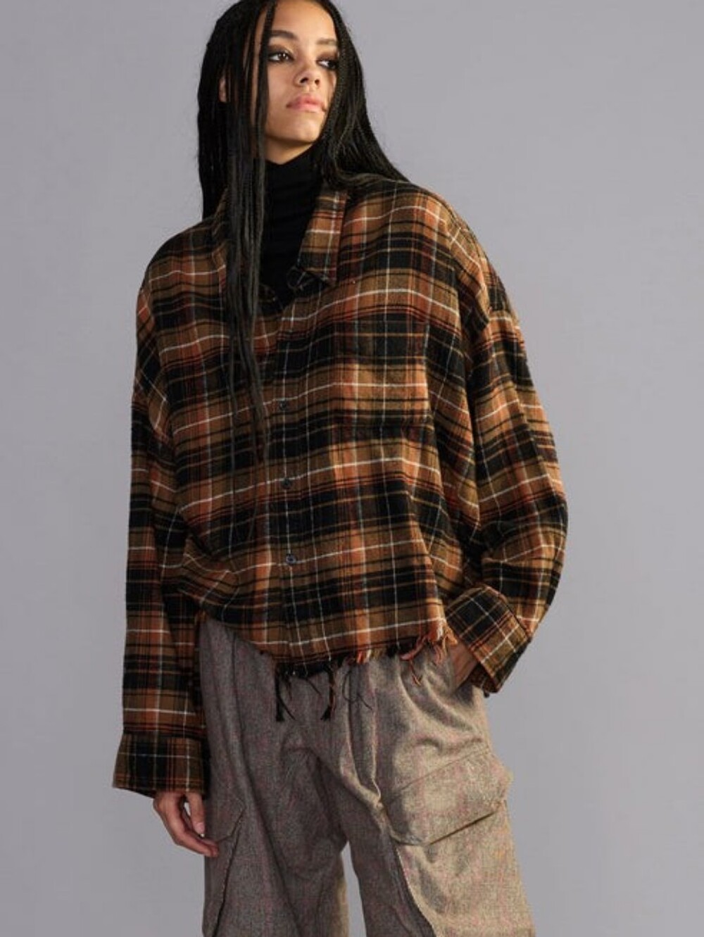R13 Drop Neck Cropped Shirt In light brown black plaid